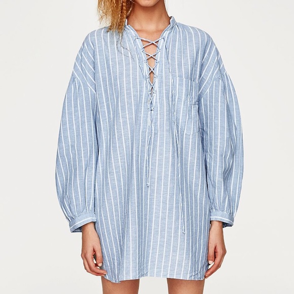 Zara Lace-Up Striped Oversized Tunic Top - Picture 1 of 6
